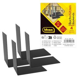 Idena 10843 Bookends Metal Black 4 Book Stands 14 x 14 x 8.5 cm Book Holder for Bookshelves