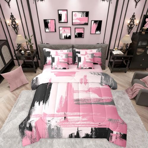 Erosebridal 7 Pieces Pink and Black Abstract Comforter Set Twin Black and Pink Comforter Set for Kids Girls Women Geometric Modern Art Bedding Set for Boys Teens Adults Girly Fashion Bed in A Bag