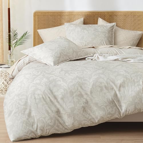 "PHF Ultra Soft Floral Duvet Cover King Size, Printed Bedding Set 3 Pieces, Comfy Farmhouse Pattern Duvet Cover Set with 2 Pillow Shams, Zipper Closure and 8 Ties, 104""x90"", Paisley-Beige"