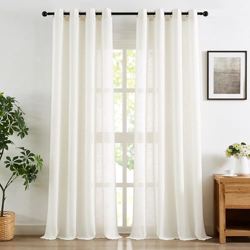 Treatmentex Flax Linen White Semi Sheer Curtains for Living Room 52 x 84 Long Light Filtering Pricacy Window Drapery for Bedroom 2 Panels Grommet Top