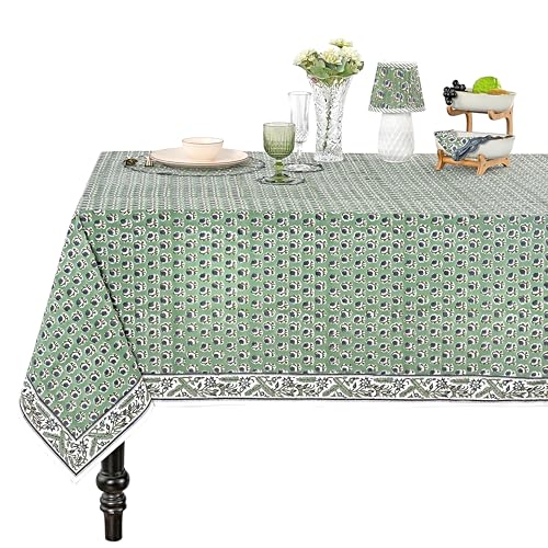 Ridhi - Basil Green, Peacock Blue Hand Block Print Cotton Cloth Dinning Table Cover Wedding Farmhouse Thanks Giving Christmas Spring Tablecloth (14 Seater 72X160 Inch Rectangle)