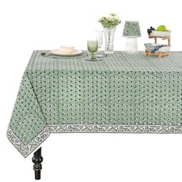Ridhi - Basil Green, Peacock Blue Hand Block Print Cotton Cloth Dinning Table Cover Wedding Farmhouse Thanks Giving Christmas Spring Tablecloth (14 Seater 72X160 Inch Rectangle)