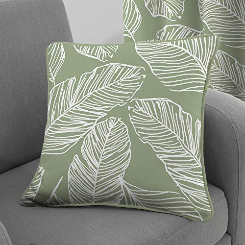 Fusion - Green Leaf Cushion (43 x 43cm) - 100% Cotton - Filling Included - Piped Edge - Green Tropical Leaves Print Cushion with Covers Included/Cushion Inserts - Matching Curtains Available