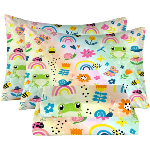 FUYEUN Cute Frogs Sheet Sets,Rainbow Butterflies Kids Bedding Full Size for Girls Teens Adults Bedroom Bed, Cartoon Sheets Bedspread Set,1 Flat Sheet 1 Fitted Sheet 2 Pillowcases