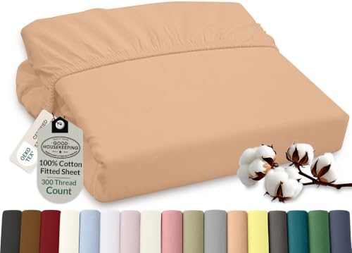 ROYALE LINENS 300 Thread Count 100% Long Staple Combed Cotton Fitted Sheet California King - Super Soft Deep Pocket Bottom Sheet - Fitted Sheets Only - Elastic Sheets (Cal King, Sand)