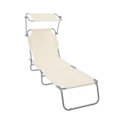 VOUNOT® Folding Sun Lounger with Adjustable Backrest & Sunshade, 4-Position Reclining Sun Bed, Portable Outdoor Garden Chair, Max Load 120kg, Beige