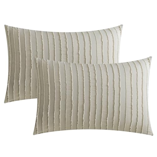 JELLYMONI Khaki Striped Tufted Pillowcases Standard Size - Soft Comfortable,Less Likely to Attract Pet Hair,Oeko-Tex Certified,Tufted Striped Design,Envelope Closure,2 Pieces