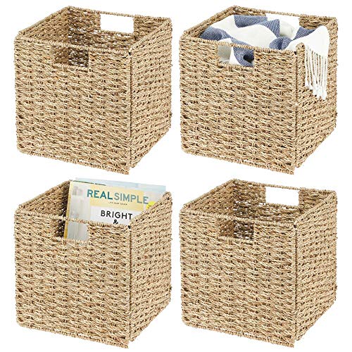 mDesign Set of 4 Storage Basket ??? Foldable Water Hyacinth Storage Box ??? Basket Storage Unit Ideal for Storing Clothes, Toys or Magazines ??? with Wickerwork Pattern ??? Natural/Tan
