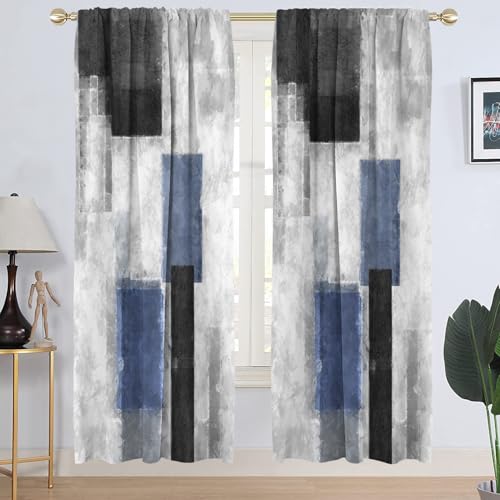 "AAtter Blue Black Grey Window Curtain Navy White Gray Abstract Geometric Art Aesthetic Minimalist Boys Mens Long Living Room Bedroom Drapes Treatment Fabric 1 Pair Home Decor, 42"" W x 84"" L, Modern"