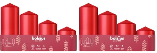 Bolsius Smooth Pillar Candles - Set of 4 - Advent - Red - Various Sizes 12-10-8-6 cm- Decorative Household Candles - Long Burning Time - Unscented - with Natural Plant Wax - Without Palm Oil - Ø48mm
