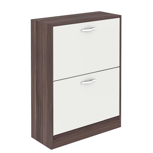 Vida Designs Shoe Cabinet, Wooden Shoe Storage Unit with 2 Pull-Down Drawers, Multifunctional Dust-Proof Space-Saving Slim Cupboard for Hallway or Entryway (Walnut & White)