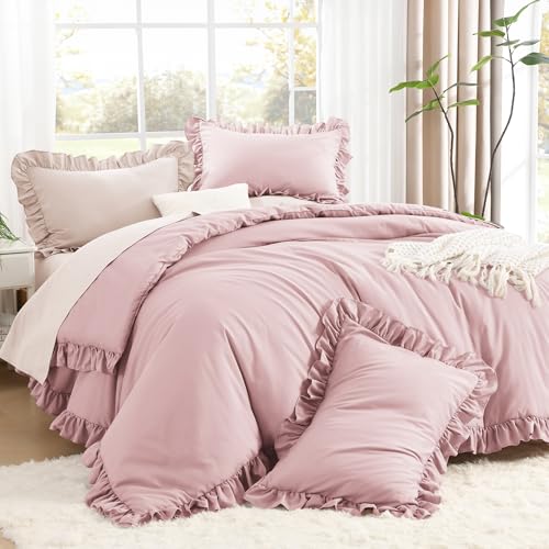 Litanika King Comforter Set, 3 Pieces Grayish Pink Ruffle Bedding Set - Farmhouse Shabby Chic Aesthetic Soft Fluffy Lightweight Breathable Bed Set for Girls Women Room Decor Gift All Season