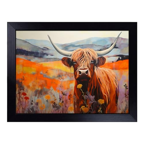 Lap Tray with Bean Bag Cushion, Highland Cow Colour Field - Handmade in the UK, Raised Wooden Edge, Padded Cushion, Heat-Resistant Wipe-Clean Surface, for Meals, Laptops and Crafts