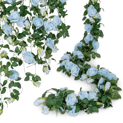 U'Artlines 3 Pack Artificial Blue Rose Garlands Flower Vines 19.5 ft - Fake Silk Roses Garland for Wedding Arch Table Centerpiece, Indoor Outdoor Backdrop Decorations for Home Garden