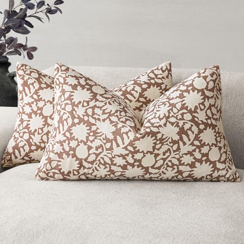 Foindtower Set of 2 Decorative Neutral Floral Throw Pillow Covers Accent Farmhouse Cushion Covers Boho Pillowcase for Couch Sofa Bedroom Living Room Home Decor Outdoor,12??20 Inch,Light Orange Brown