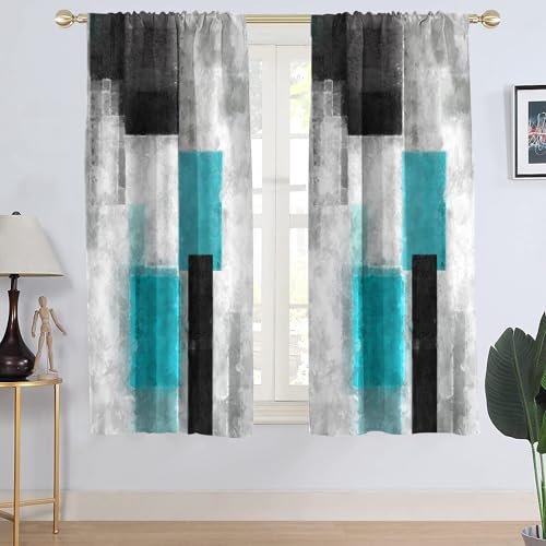 "AAtter Teal Black and Grey Window Curtain Turquoise Aqua Gray Silver White Geometric Abstract Simple Printed Art Deco Living Room Bedroom Window Drapes Treatment Fabric 1 Pair, 52"" W x 63"" L, Modern"