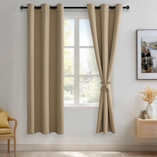 JIUZHEN Blackout Curtains with Tiebacks - Thermal Insulated, Light Blocking and Noise Reducing Grommet Curtains for Bedroom and Living Room, Set of 2 Window Curtain Panels, 42 x 72 Inch Length???Camel