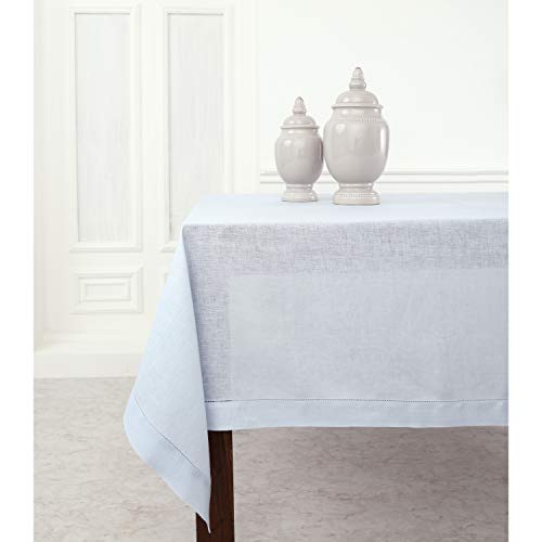 Solino Home 100% Pure Linen Tablecloth Blue, Classic Hemstitch 60 x 120 in - Classic Hemstitch Table Cloth For Dining, Home Decor, Table Setting, Indoor & Outdoor Use, Parties, Gifting, Machine Washable