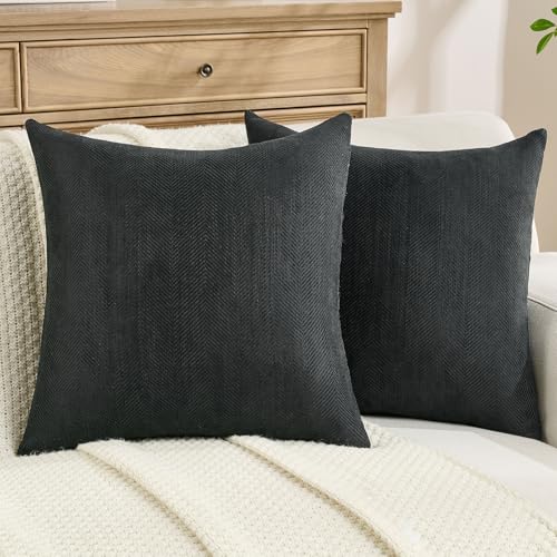 FUTEI Pack of 2 Chenille Throw Pillow Covers 18x18 Inch, Black - Elegant Herringbone Textured Design,Side Hidden Zipper,Machine Washable,Pill-Resistant,Colorfast,Insert Not Included.