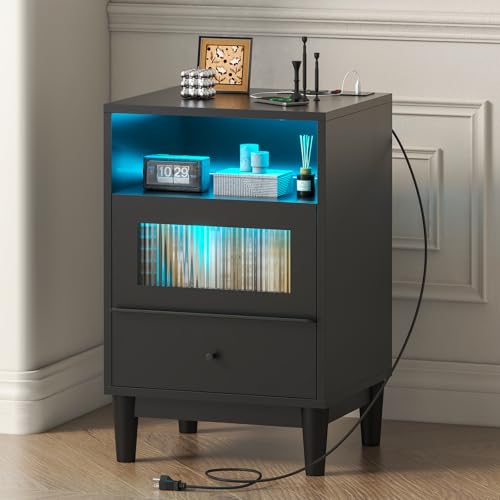 Feonase Black Bedside Table with Charging Station, End Table with Glass Drawers, Nightstand with LED Lights, Wood Side Tables for Bedroom, Living Room, 40×35×60CM