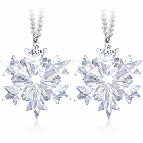 Remerry 2024 Annual Edition Christmas Ornaments White Clear Snowflake Crystal Ornaments Star Christmas Tree Hanging Pendant with Beads Chain Ribbon and Gift Box for Xmas Party(Clear,2 Sets)
