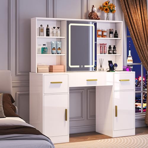 Feonase 43.3in Dressing Table with LED Lights, Smart Vanity with Charging Station & Hairdryer Holder, 7 Shelves 3 Drawers 2 Cabinets plus Hidden Storage for Bedroom (White)