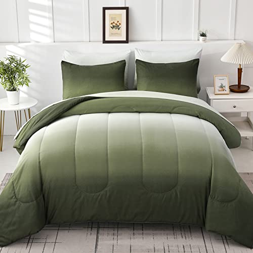 Anibedding Comforter Set Queen Green 7 Pieces Gradient Olive Green Lightweight Bed in a Bag Queen Size Set, All Season Complete Bedding Set with Flat/Fitted Sheet, Pillowcases Pillow Shams
