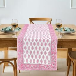 Ridhi Taffy Pink Leaves Hand Block Print Cotton Table Runner Farmhouse Tabletop Cover for Home Kitchen Dining D??cor Cocktail Parties Family Dinners Wedding Thanksgiving/Christmas (16 X 106 Inches)