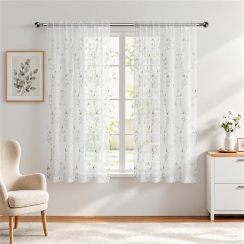 Taisier Home Floral White Sheer Curtains Flower Print Vine Embroidery Bedroom Curtain Rod Pocket Voile Curtains for Living Room, 52 x 72 inches Long, Set of 2 Panels,Yellow Buds with Green Branch