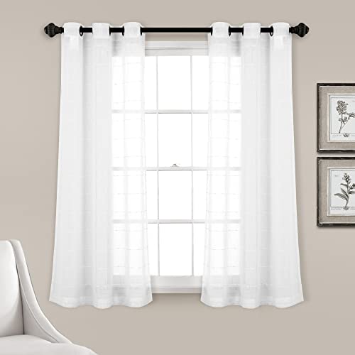"Lush Decor Farmhouse Textured Grommet Sheer Window Curtain Panel Pair, 38"" W x 63"" L, Bleach White"