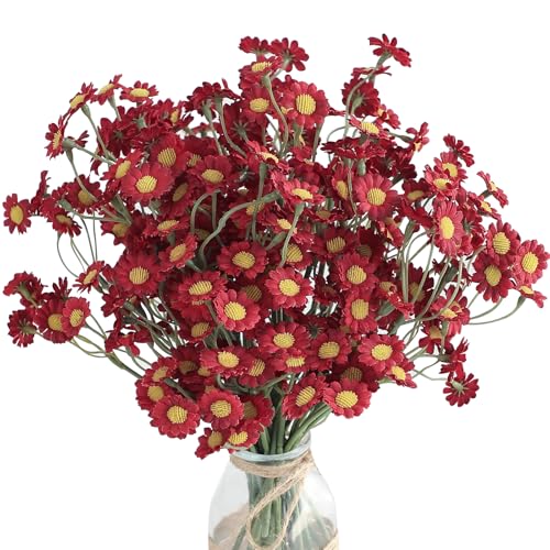 Floroom 24pcs Small Fake Silk Burgundy Daisies Artificial Wildflowers for Decorations, Ideal for DIY Red Bouquets, Centerpieces, Party Decor, Wedding Arrangements (Vase Not Included)