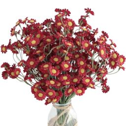 Floroom 24pcs Small Fake Silk Burgundy Daisies Artificial Wildflowers for Decorations, Ideal for DIY Red Bouquets, Centerpieces, Party Decor, Wedding Arrangements (Vase Not Included)