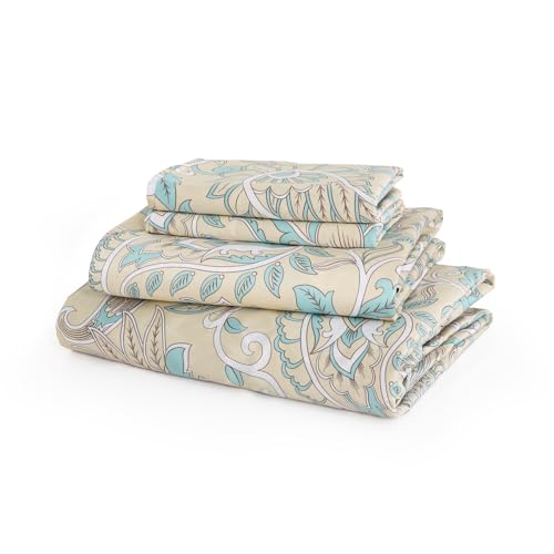 JSD Vintage Beige Paisley Printed Cotton King Sheet Set Deep Pocket - 4 Piece 300 Thread Count Sateen Sheets, Soft Breathable Cooling Sheets for Sensitive Skin, Oeko-Tex Certified