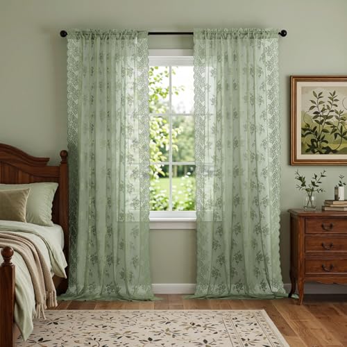 Kotile Green Lace Curtains 63 Inch Length 2 Panels, Country Rustic Floral Design Spring Sheer Curtains for Bedroom, Rod Pocket Privacy Sage Sheer Lace Curtains, 42 x 63 Inch Each, Sage Green