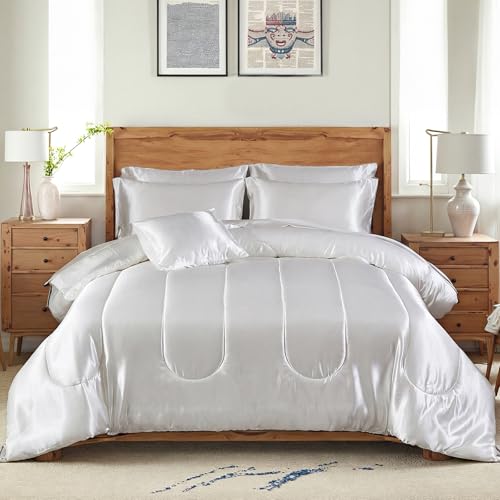 Silk Like White Comforter Set with Sheet Set Queen Size 8 Pieces Satin Bedding Set Silky Bed-in-a-Bag Luxury Hotel Soft Silky Comforter Set with 1 Cushion Cover Vegan Silky Bed Set