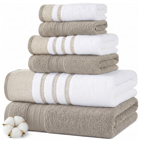 Modern Threads 6 Piece Set, 2 Bath Towels, 2 Hand Towels, 2 Washcloths, Quick Dry White/Contrast Reinhart Tan