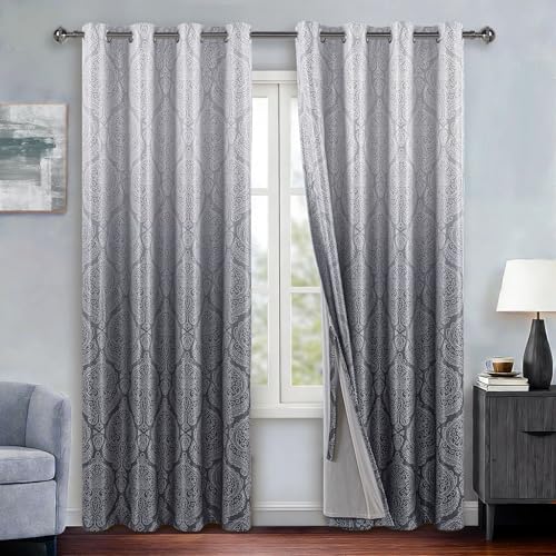 DWCN Ombre 100% Blackout Curtains with Tiebacks- Damask Patterned Thermal Insulated Energy Saving Grommet Curtains for Bedroom, Set of 2 Gradient Window Curtain Panels, 52 x 96 Inches, Grey