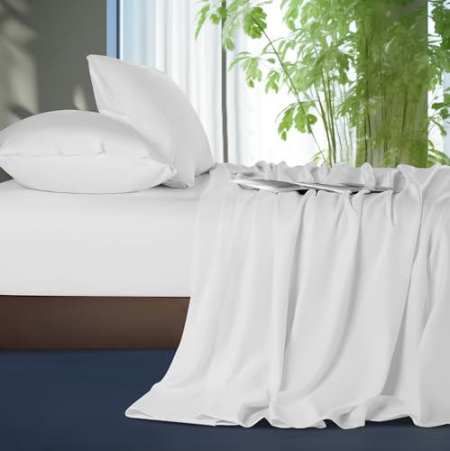 Shilucheng Tencel Sheets 4 Piece, 100% Eucalyptus Lyocell Sheets Set, Cooler Than Cotton and Linen, Summer Cooling Breathable Bed Sheets for Hot Sleepers, 16 Inch Deep Pockets (White, Queen)