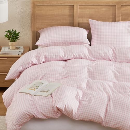 Andency Gingham Duvet Cover Full Size, Pink Blush Checkered Plaid Bedding Set, 3 Pieces Soft Prewashed Microfiber Comforter Cover with Zipper Closure & Corner Ties