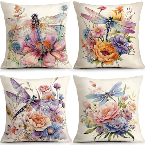 ORMAN Dragonfly Spring Pillow Covers 18x18 Inch Set of 4 Farmhouse Decor - Nature Inspired Dragonfly with Floral Design for Spring Garden Farmhouse Home Decor