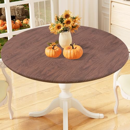 "misaya Round Fitted Tablecloth with Elastic Edge, 100% Waterproof Oil Proof Plastic Table Cover, Vinyl Flannel Backed Tablecloth Fits 45""-56"" Round Tables for Dinner, Outdoor, Picnic, Oak Wooden Grain"