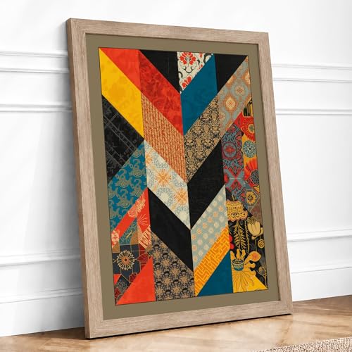 Textile Patchwork Boho Framed Wall Art Print A4 Oak