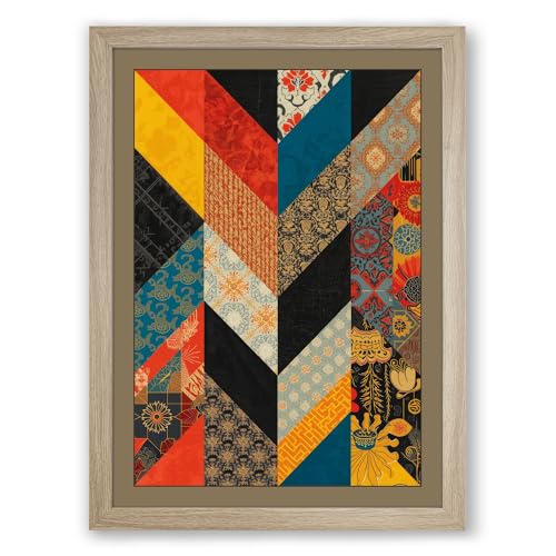 Textile Patchwork Boho Framed Wall Art Print A4 (29.7×21cm) Oak, Wall Decor for Living Room, Bedroom, Office & Home, Ready to Hang, Art Gift