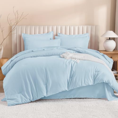 Litanika Twin/Twin XL Comforter Set with Sheets - 5 Pieces Bed in a Bag - Light Blue College Dorm Girls Boys Fluffy Lightweight Soft Warm Down Alternative Solid All Season Bedding Set