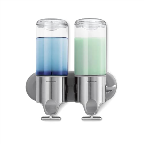simplehuman BT1028 444ml Twin Wall Mounted Soap Dispenser Pump for Soap, Shampoo, Conditioner, Shower Gel, Suitable for Bathroom, Easy to Install, Rustproof, Brushed Stainless Steel