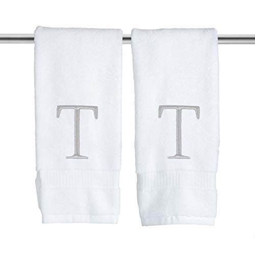 White with Silver Monogrammed Hand Towels for Bathroom - Set of 2 Letter T - Luxury Hotel Quality Initial Towels For Powder Room, Spa, GOTS Organic Certified