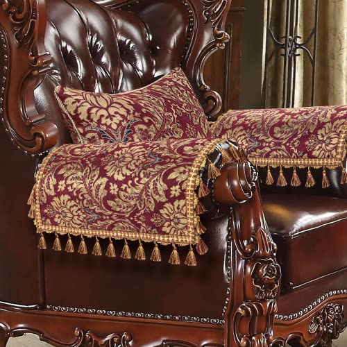 Loom and Mill Luxury Jacquard Sofa Arm Covers 2 PCS, Elegant Damask Couch Armrest Cover with Tassels, Non-Slip Furniture Protector for Chair Sofa Recliners Couch Dogs Pets, Burgundy red, 20x24in