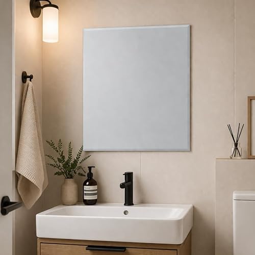 Bathroom Rectangular Frameless Wall Mirror 68 x 58cm – Large Wall Mounted Vanity Mirror – Modern Polished Edge Glass – Portrait or Landscape Hanging