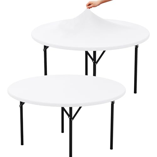 "misaya 2 Packs Round Spandex Tablecloths, Stretch Elastic Tablecloth Cover Fitted for 45""-56"" Round Tables, Waterproof Polyester Washable Table Cloth for Dining, Party, Outdoor and Indoor, White"