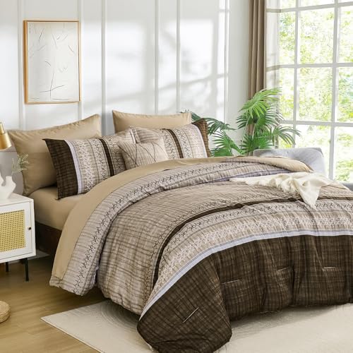 Dintszyayue 8 Piece Bed in a Bag Striped Comforter Set King Size, Brown Striped Boho Comforter for King Bed, Soft Microfiber Bedding Set for All Season